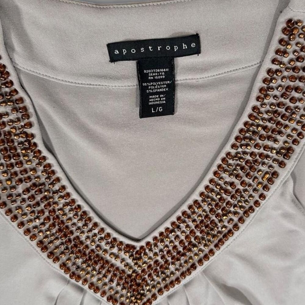 Apostrophe Gray Beaded V-Neck Pleated Tank Size L Y2K Embellished - Picture 5 of 6